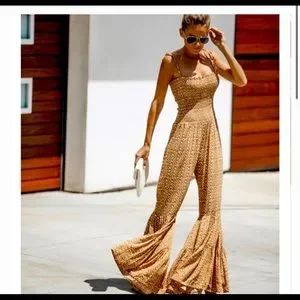 Vici Pants Jumpsuits Vici Yellow Smocked Bell Bottom Jumpsuit Poshmark